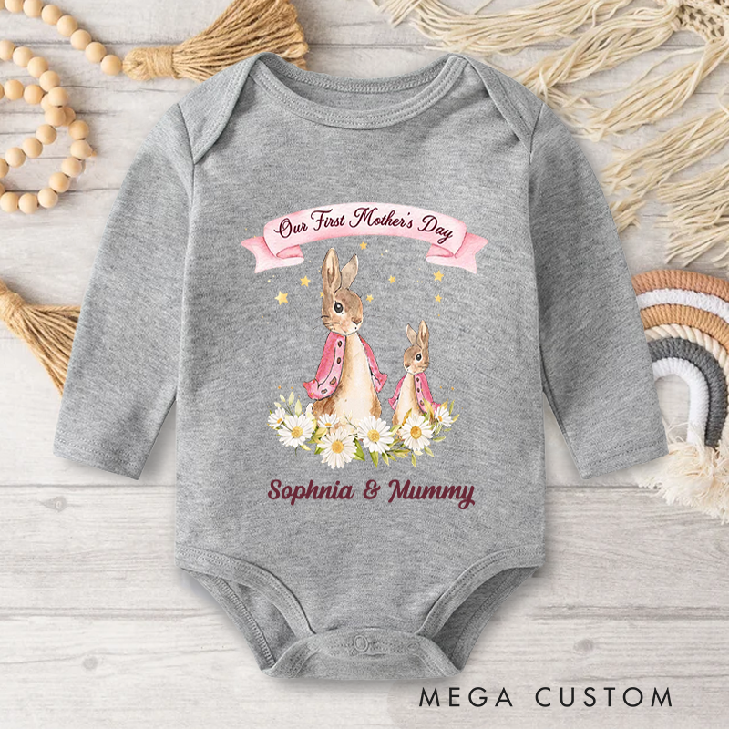 Personalized Our First Mother’s Day Peter Rabbit Bunny Floral Baby Onesie with Names Mother’s Day Baby Shower Gift
