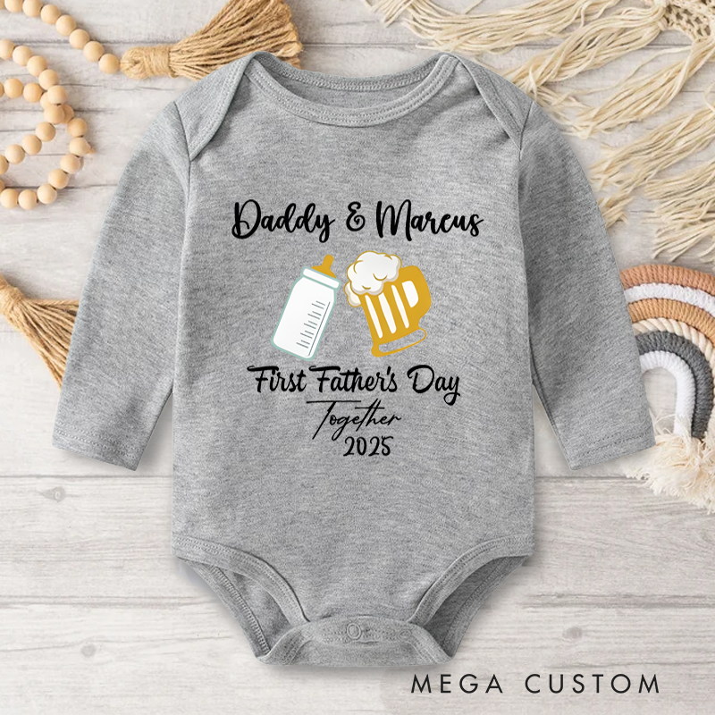 Personalized Baby Bottle and Beer Mug  Baby Onesies with Text Father's Day Birthday Gift