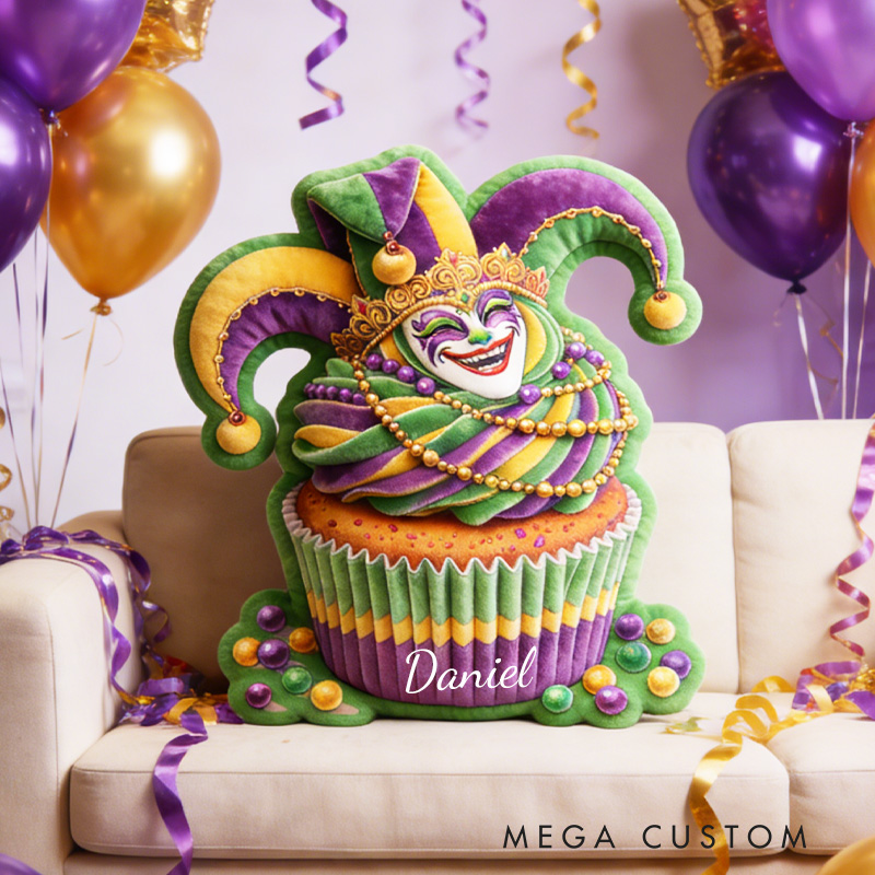Personalized Mardi Gras Cupcake Throw Pillow Graphic 3D Print Jester Cupcake Pillow with Name Mardi Gras Gift for Girl Boy Kids Pillow Baking Lover Gifts