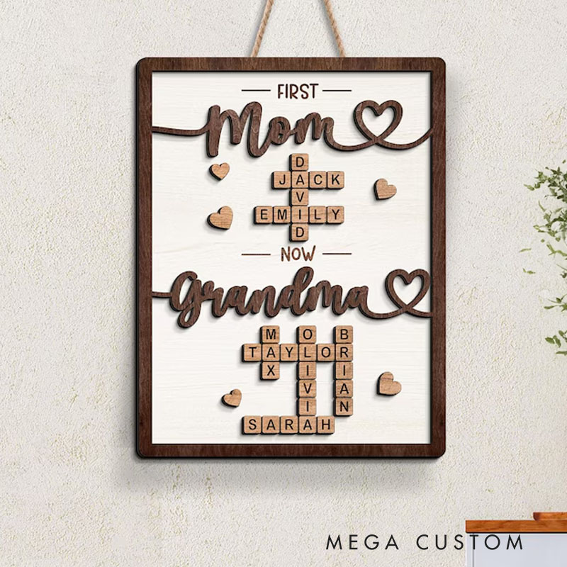 Personalized First Mom Now Grandma Wooden Sign Crossword Puzzle Art Frame Family Keepsake Gift For Mom Grandma Gift Mothers Day Gift 