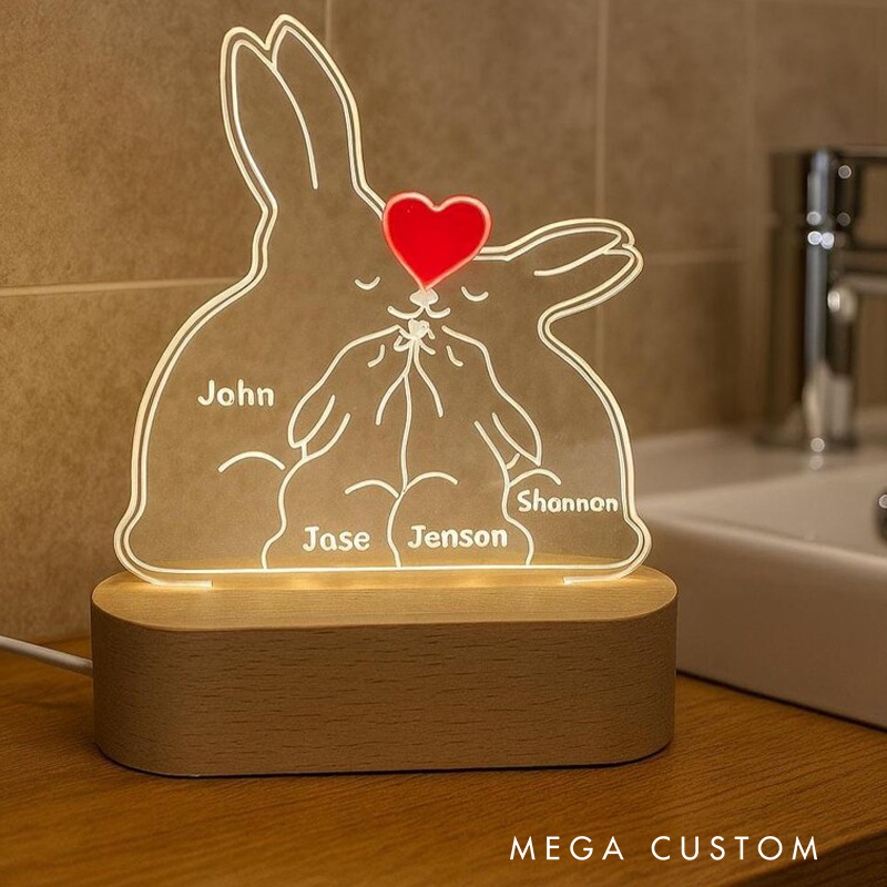 Personalized Family Rabbits Puzzle Name Night Light Custom Bedroom LED wood Rabbits Family Puzzle Gift Easter Gift