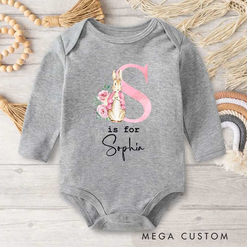 Personalized Bunny and Floral Initial Design for Baby's First Easter Celebration Baby Bodysuit