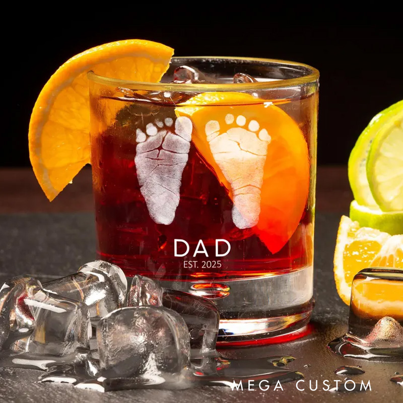 Personalized Baby Footprints Whiskey Glass Father's Day Gift for Dad