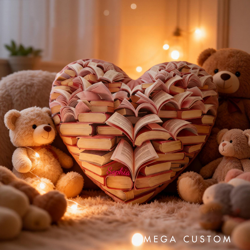 Personalized Book Heart Throw Pillow Graphic 3D Print Bookish Pillow Valentine Pillow with Name for Kids Boy Girl Gift for Reading Lover