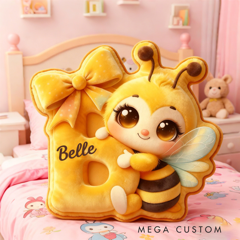Personalized Cute Honey Bee Alphabet Throw Pillow Graphic 3D Print Garden Bee Letter Pillow with Name for Kids Girl Boy Gardener Christmas Gifts Loving Room Decor