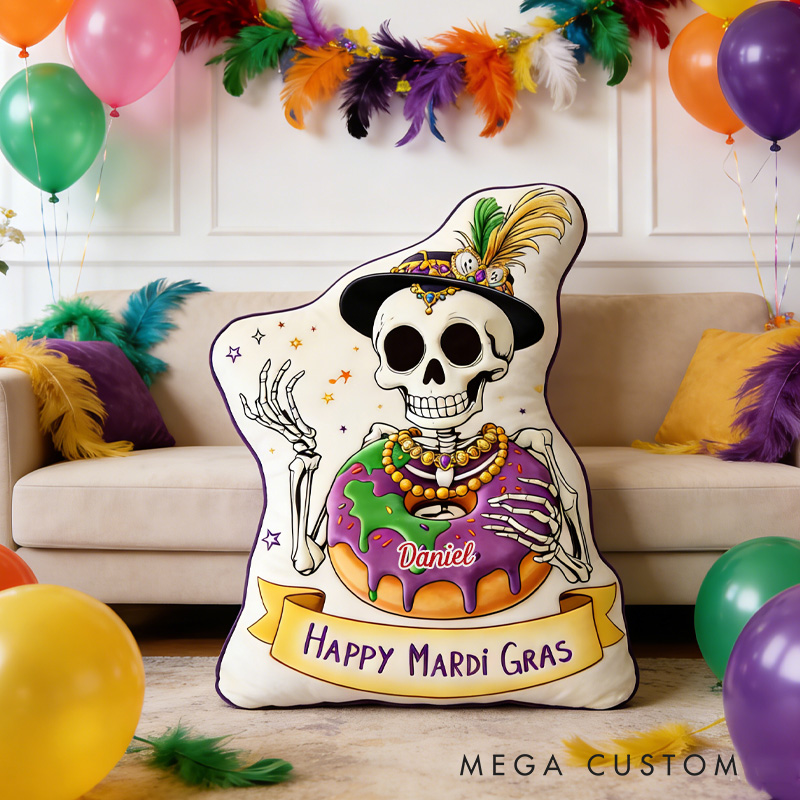 Personalized Mardi Gras King Cake Throw Pillow Graphic 3D Print Skeleton Cake Pillow with Name Mardi Gras Gift for Girl Boy Kids Pillow Baking Lover Gifts