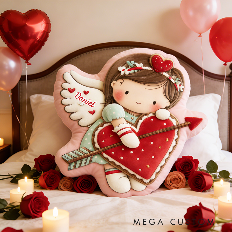 Personalized Cute Cookie Girl Throw Pillow Graphic 3D Print Girl with Red Heart Pillow with Name Valentine's Day Gift for Girl Boy Kids Pillow Baking Lover Gifts
