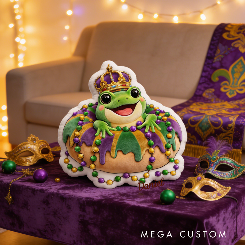 Personalized Mardi Gras Donut Frog Crown Throw Pillow Graphic 3D King Cake Animal Pillow with Name for Kids Baking Lover Mardi Gras Gift