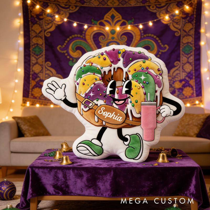 Personalized King Cake Mardi Gras Throw Pillow Graphic 3D Print Donut with Tumbler Pillow with Name for Kids Book Lover Mardi Gras Gift