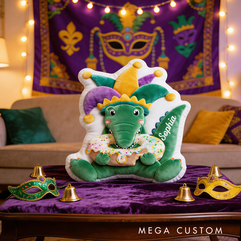 Personalized Mardi Gras Alligator Throw Pillow Graphic 3D Print Donut Pillow with Name for Boyfriend Girlfriend Baking Lover Mardi Gras Gift