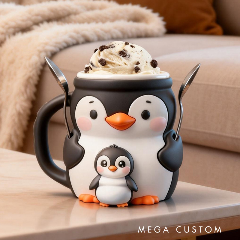 Personalized 3D Printed Penguin Ice Cream Pint Holder Spoon Slots & Snack Drawer Funny Kitchen Decor Cute Animal Gift