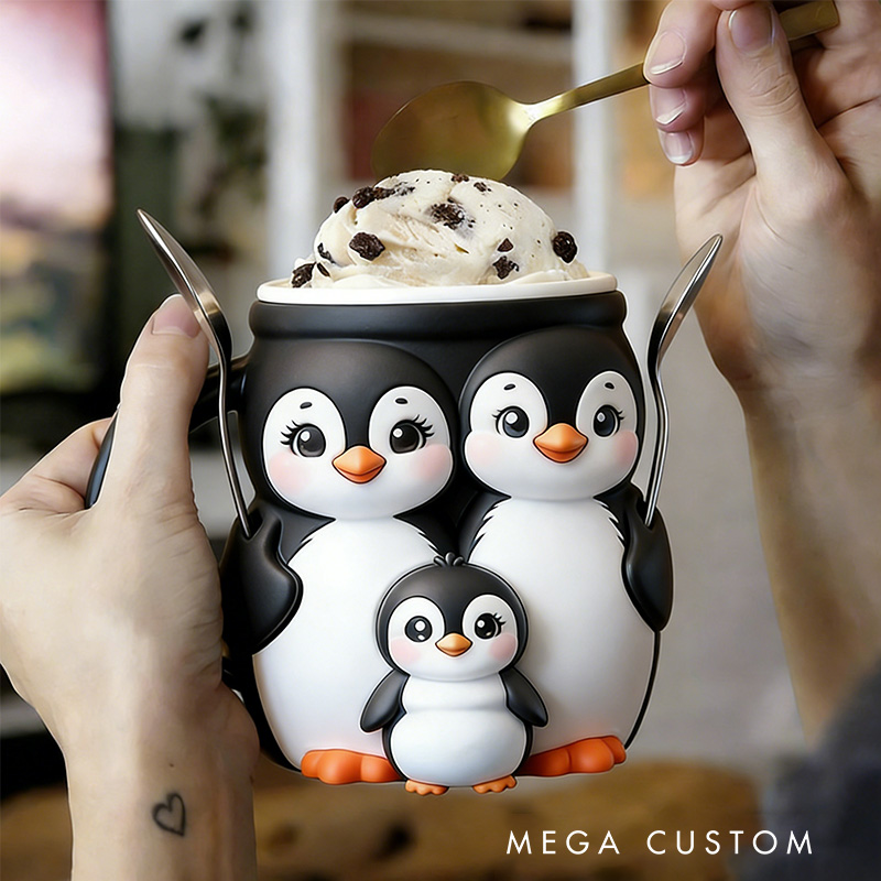 Personalized 3D Printed Penguin Ice Cream Pint Holder Spoon Slots & Snack Drawer Fun Kitchen Decor Animal Design