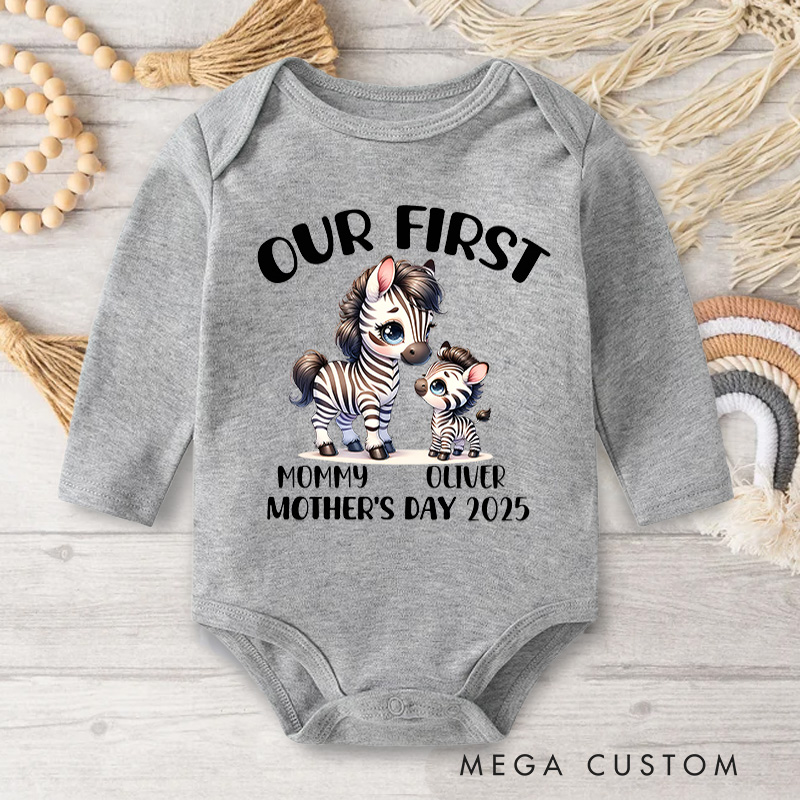 Personalized Our First Mother's Day Zebra Mom and Baby with Names and Year Baby Bodysuit
