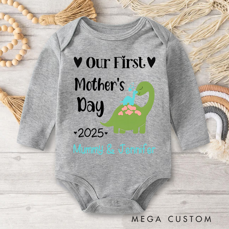 Personalized Our First Mother's Day Dinosaur Mom and Baby with Name and Year for a Fun Design Baby Bodysuit