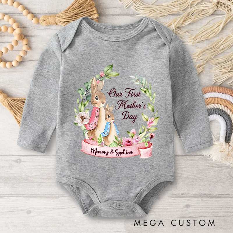 Personalized Our First Mother’s Day Peter Rabbit Bunny Floral Baby Onesie with Names Mother’s Day Gift for Baby New Mom