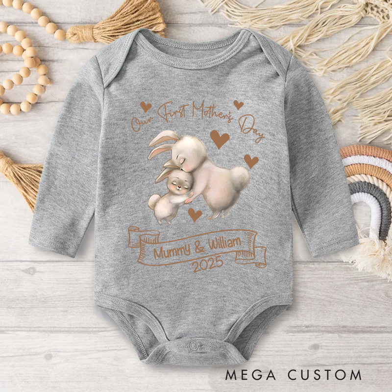 Personalized Our First Mother's Day Gentle Bunny Mom and Baby with Names Baby Bodysuit Gift for New Baby