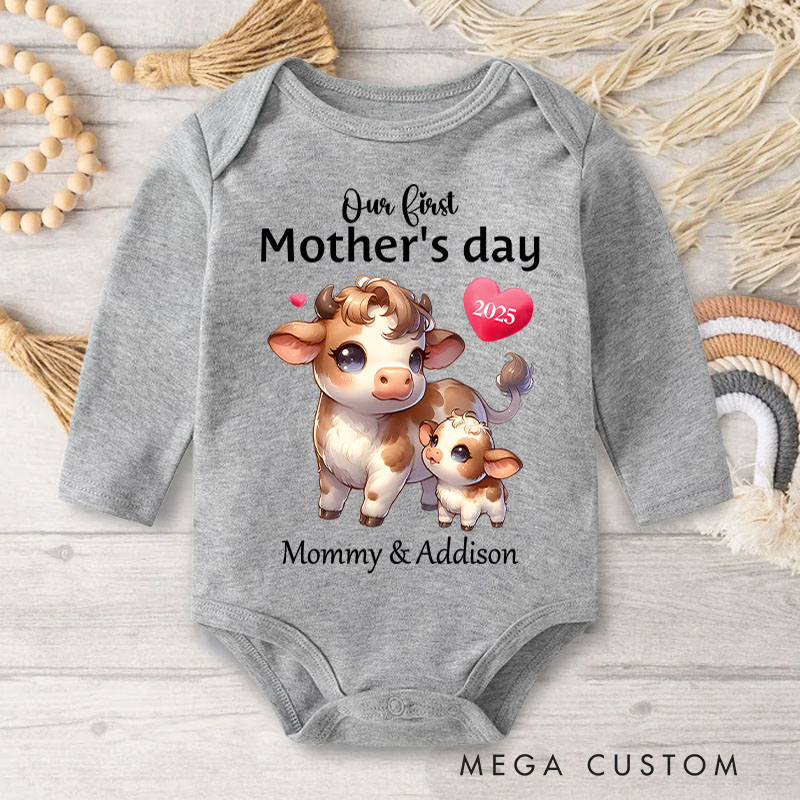 Personalized Our First Mother's Day Cow Mom and Baby with Sweet Hearts and Year Baby Bodysuit
