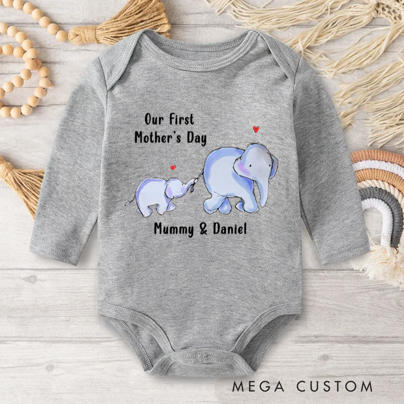 Personalized Our First Mother’s Day Elephant Baby Onesie with Names Gift for Baby New Mom
