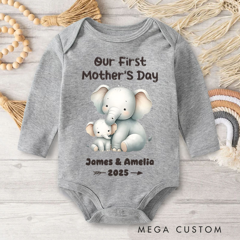 Personalized Our First Mother's Day Design with Sweet Elephant Mom and Baby and Year Baby Bodysuit