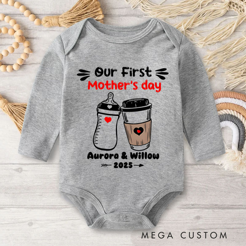 Personalized Our First Mother's Day Milk Bottle and Coffee Cup with Names and Heart Accents Baby Bodysuit