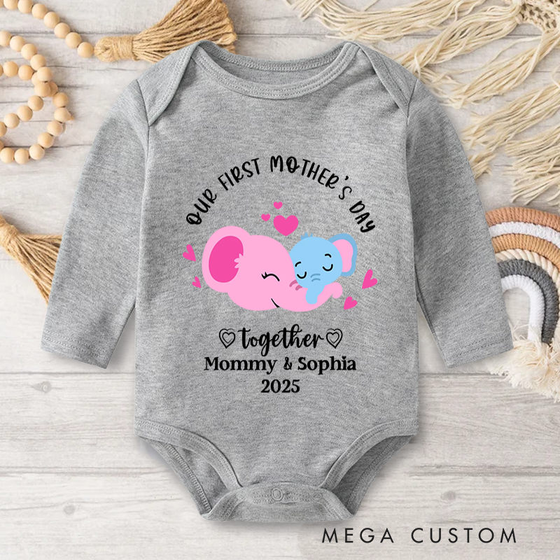 Personalized Our First Mother's Day Together Baby Onesie with Name Cute Giraffe Elephant Bear Koala Gift for Newborn