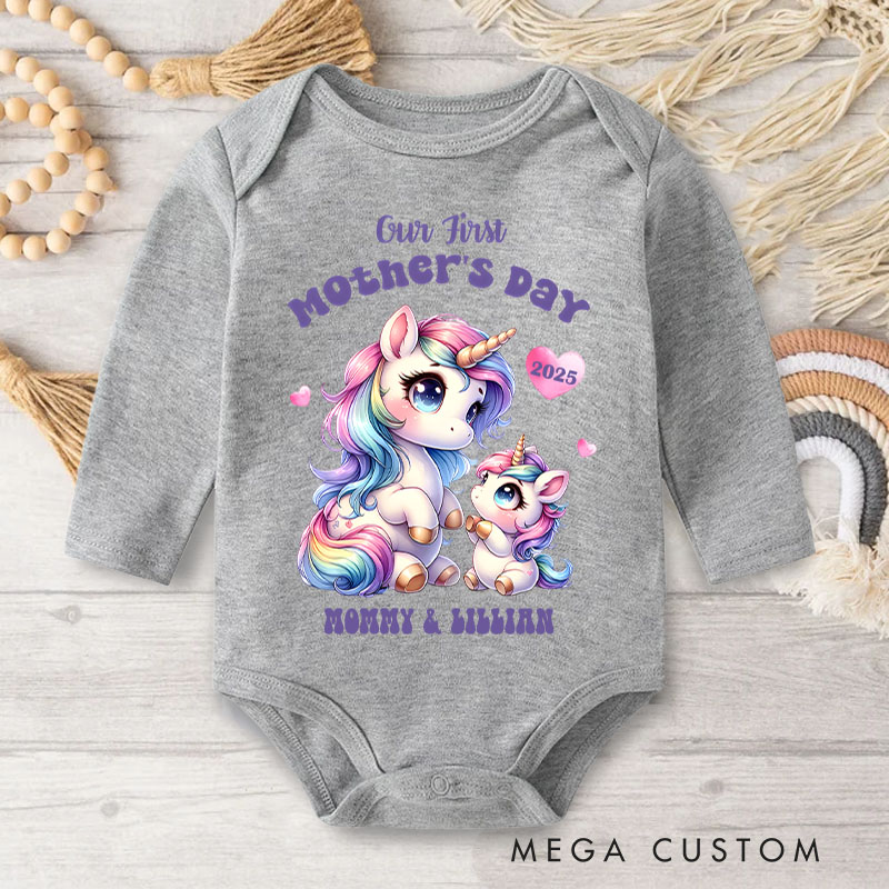 Personalized Our First Mother's Day Unicorn Mom and Baby Design with Vibrant Colors and Name Baby Bodysuit