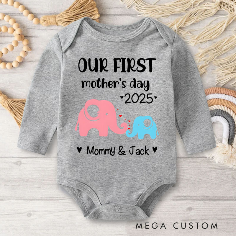 Personalized Our First Mother's Day Pink and Blue Elephant Design with Names and Year Baby Bodysuit