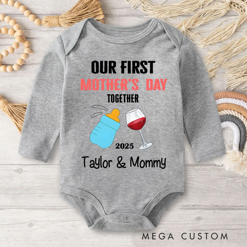 Personalized Our First Mother's Day Together Design with Bottle and Wine Glass Illustration Baby Bodysuit