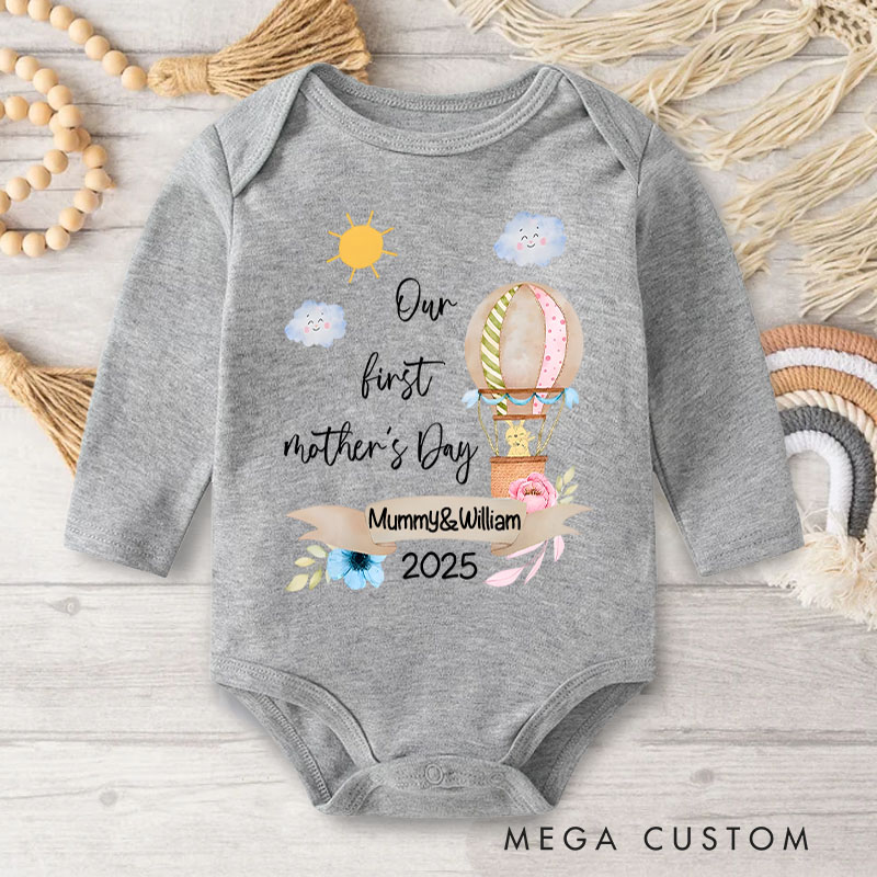 Personalized Our First Mother's Day Hot Air Balloon and Sunny Sky Design with Names and Year Baby Bodysuit