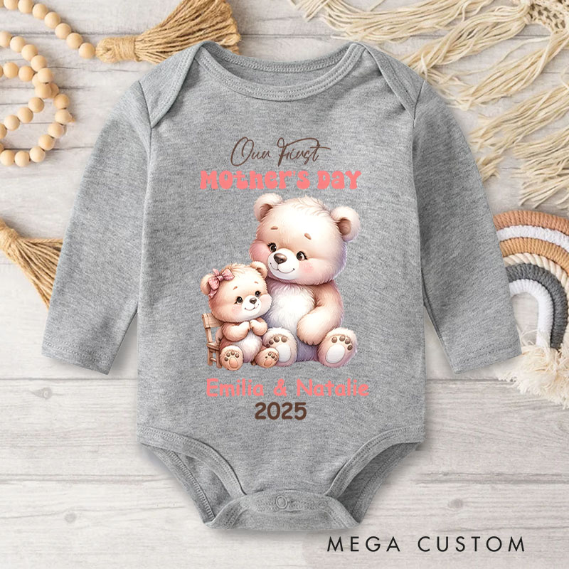 Personalized Our First Mother's Day Bear Mom and Baby Design with Cute Pastel Colors and Names Baby Bodysuit
