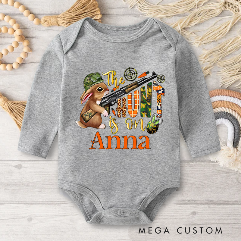 Personalized Cute Bunny The Hunt Is On Baby Onesie with Name Easter Gift for Baby