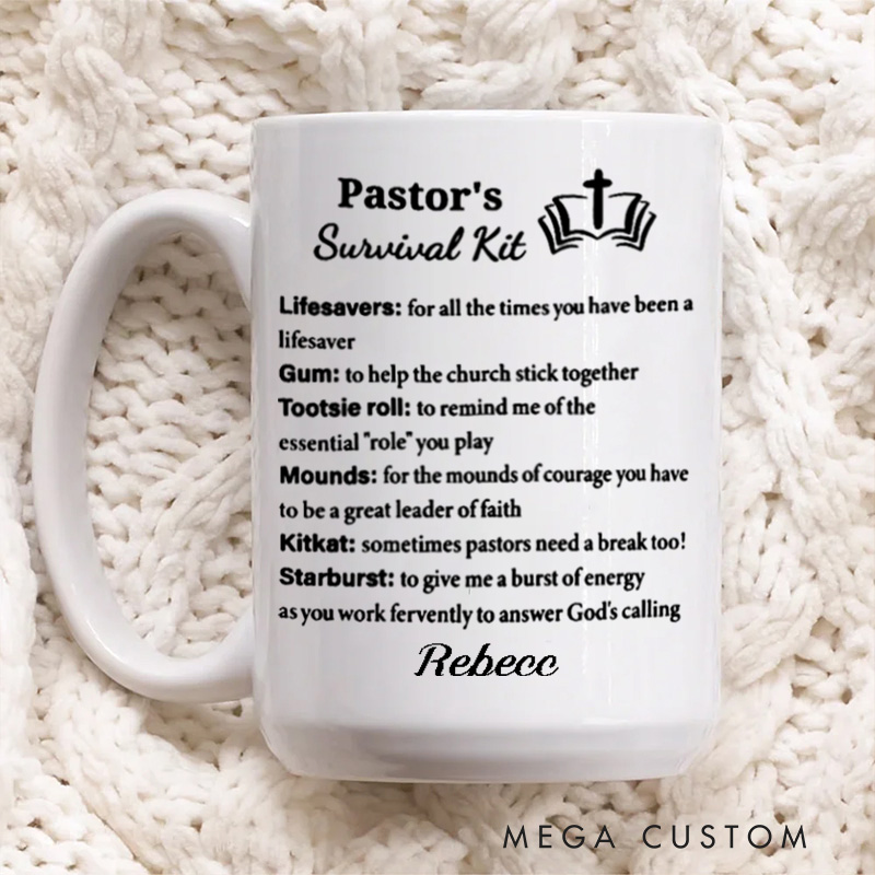 Personalized Pastor's Survival Kit Ceramic Mug with Name Gift for Pastor Custom Coffee Cup Pastor Appreciation Gift Retirement Gift Anniversary Gift