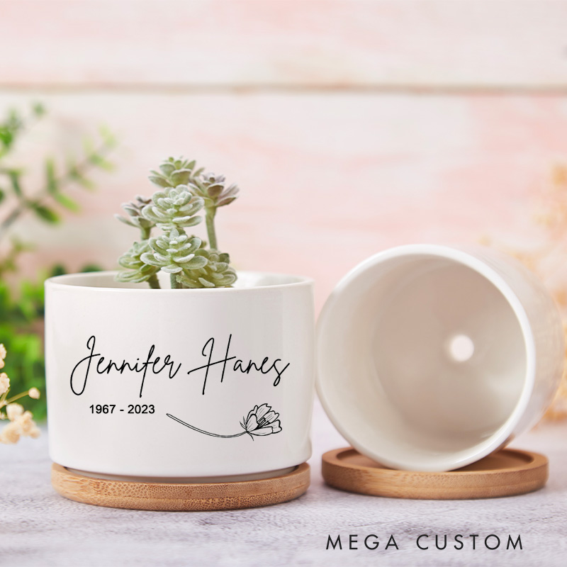 Personalized Memorial Planter for Loss of Loved One Custom Name Memorial Ceramic Plant Pot with Bamboo Tray Sympathy Gifts Celebration of Life