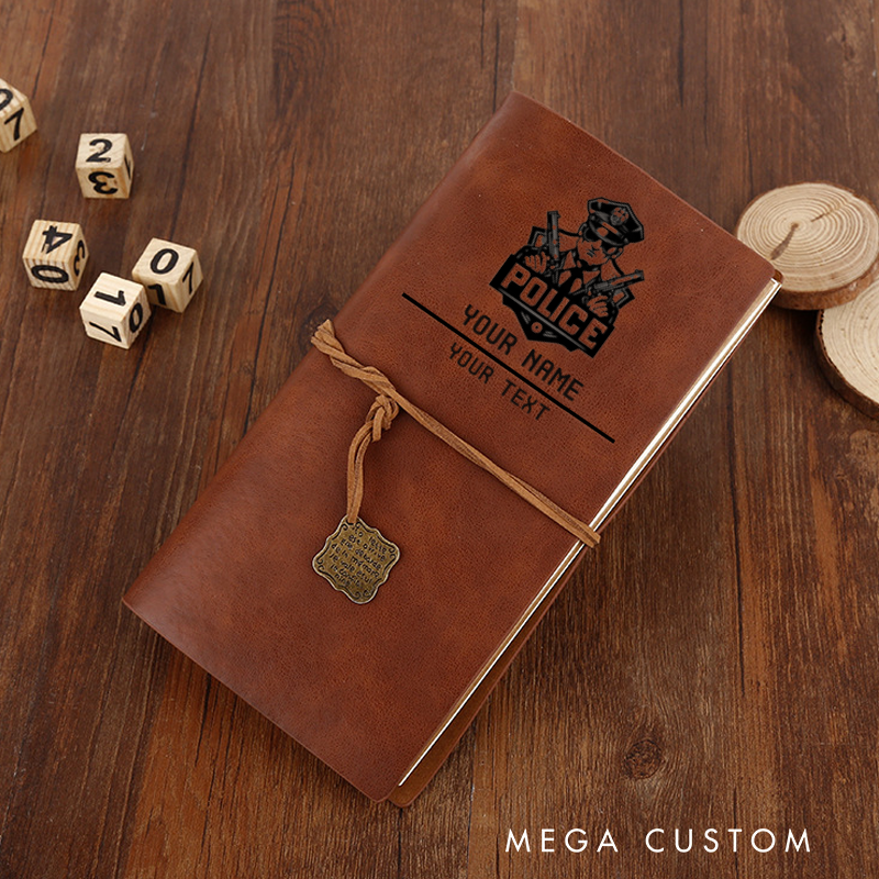 Personalized Retro Police Leather Journal Custom Notebook with Engraved Police Badge and Officer Design Notebook Gift for Police Officer