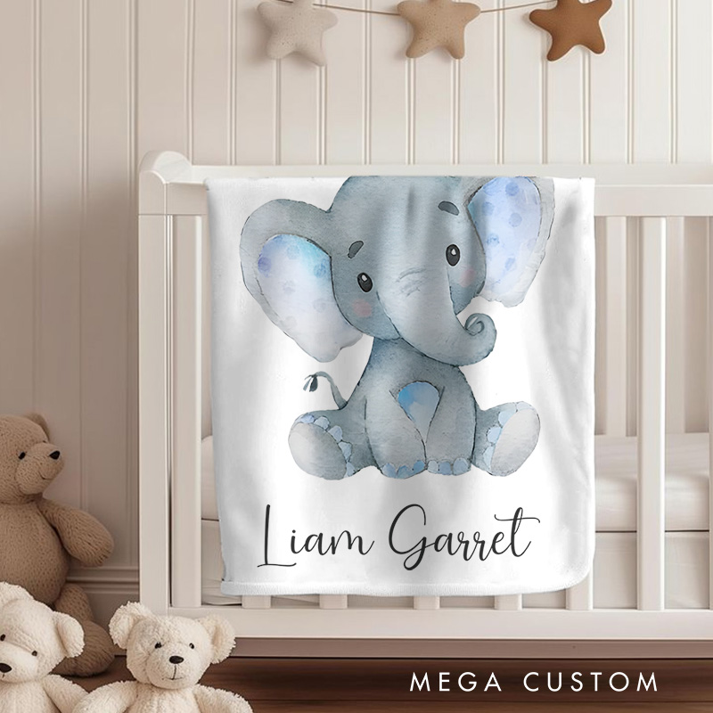 Personalized Elephant Illustration Name Baby Blanket Showcasing A Sweet And Playful Elephant Design Baby Blanket  