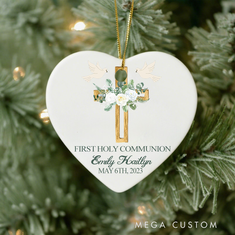 Personalized Cross Dove Ceramic Ornament with Name Date Christening First Holy Communion Gift for Christian Confirmation Gift