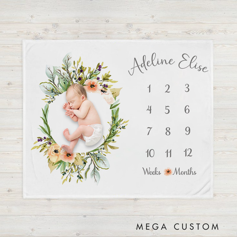 Personalized Floral Wreath Milestone Baby Blanket Combining A Floral Wreath Design With Growth Tracking Baby Blanket  