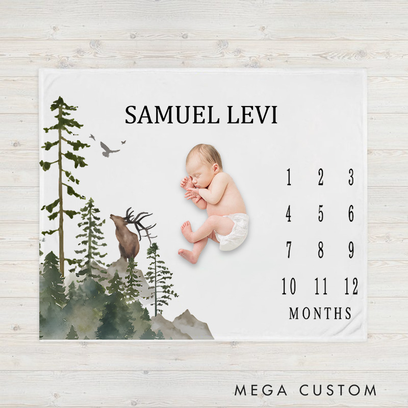 Personalized Forest Scene Milestone Baby Blanket Highlighting A Scenic Forest Design With Monthly Tracking Baby Blanket  