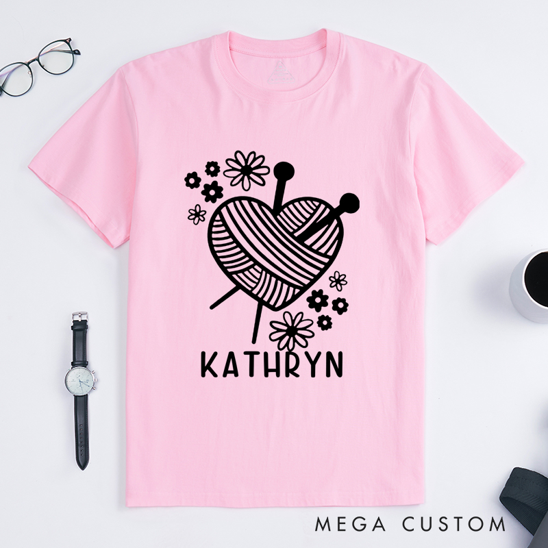 Personalized Knitting Heart Classic T-Shirts Gift for Knitting Lovers Cute Yarn Design Shirt Funny Knitting Tee
