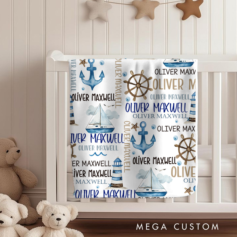 Personalized Nautical Theme Baby Blanket Featuring Anchors, Ships, And A Fun Ocean-Inspired Style Baby Blanket  