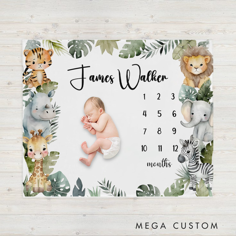 Personalized Safari Milestone Baby Blanket Showcasing Cute Safari Animals And Milestone Tracking Baby Blanket  