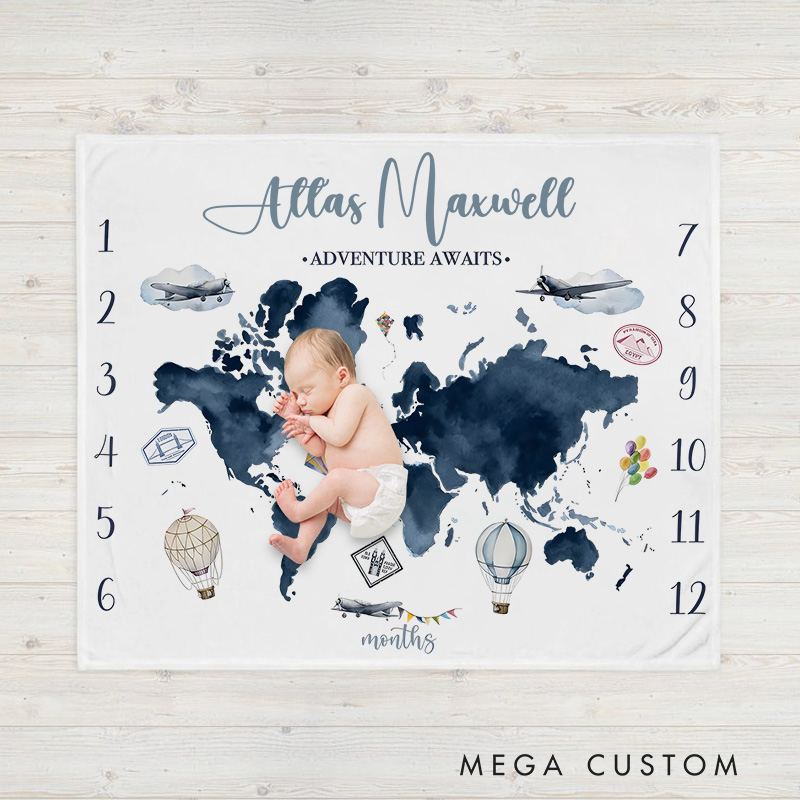 Personalized World Map Milestone Baby Blanket Featuring A Fun Map Design For Tracking Monthly Growth Baby Blanket  