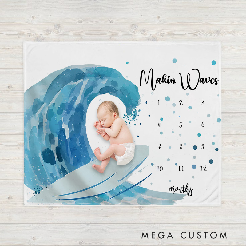 Personalized Ocean Wave Milestone Baby Blanket Highlighting A Beautiful Wave Design And Growth Tracker Baby Blanket  