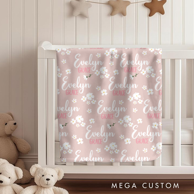 Personalized Delicate Floral Pattern Name Repeating Soft and Charming Elegant Keepsake Baby Blanket