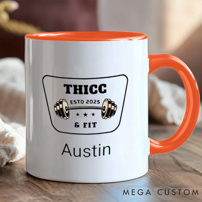 Personalized Thicc Fit Coffee Cup Mug with Dumbbell Graphic and Name Gift for Fitness Enthusiasts Bodybuilders and Gym Lovers