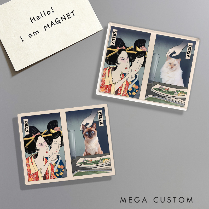 Personalized Woman Yelling at Cat Fridge Magnet Japanese Ukiyo-e style Magnets Cat Meme Kitchen Decor for Cat Mom Dad Japanese Lover Ukiyomemes