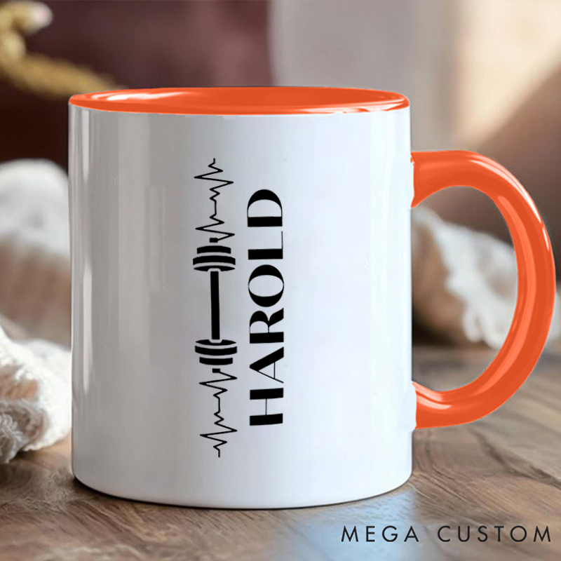 Personalized Workout Lover Coffee Cup Mug with Dumbbell and Heartbeat Design for Fitness Enthusiasts Bodybuilders and Gym Lovers