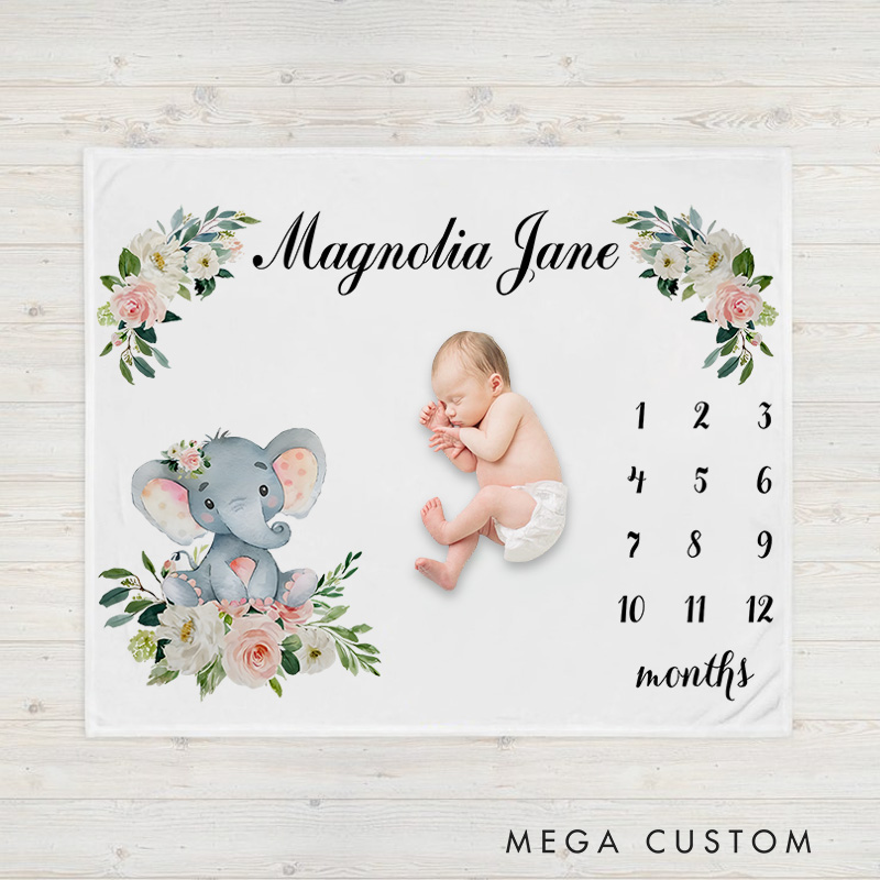 Personalized Floral Milestone Baby Blanket Featuring Delicate Flowers And Growth Tracker Baby Blanket
