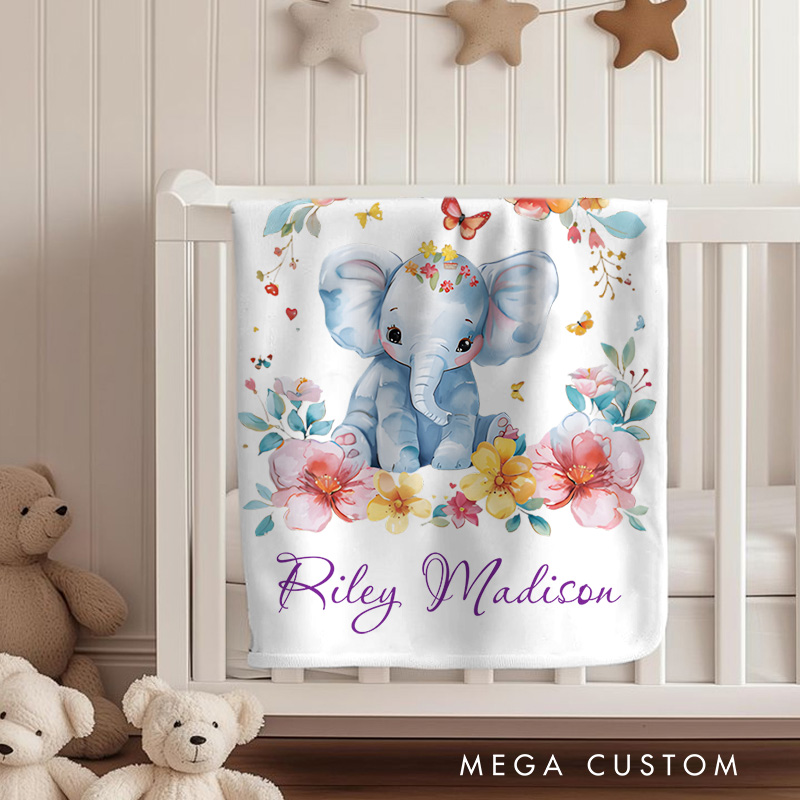 Personalized Elephant And Floral Baby Blanket Highlighting A Sweet Elephant Illustration Baby Blanket
