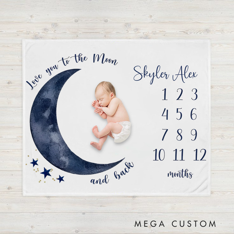 Personalized Moon And Stars Milestone Baby Blanket Featuring A Night Sky Growth Tracker Baby Blanket